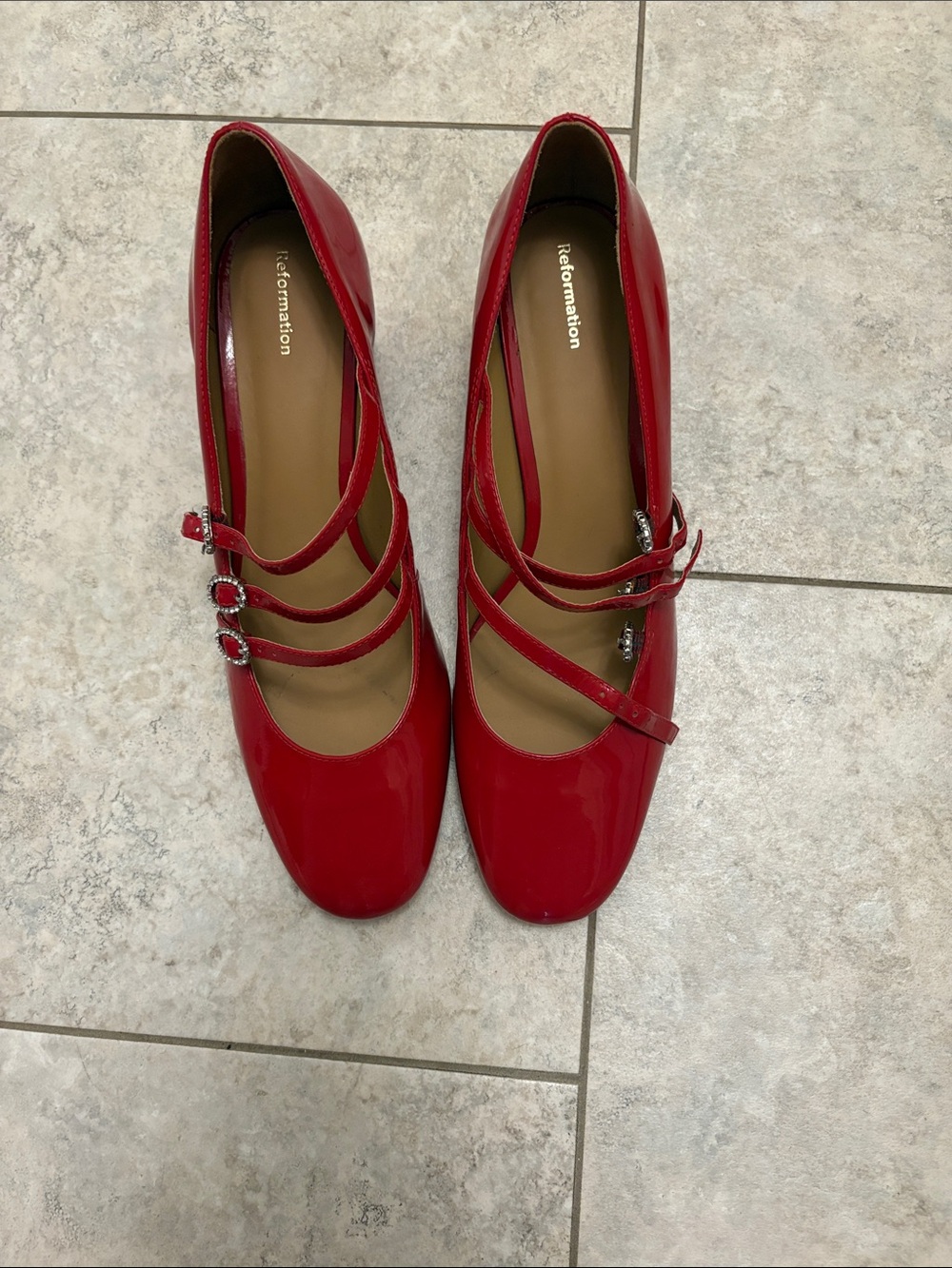 Reformation Red Patent Mary Jane Pumps